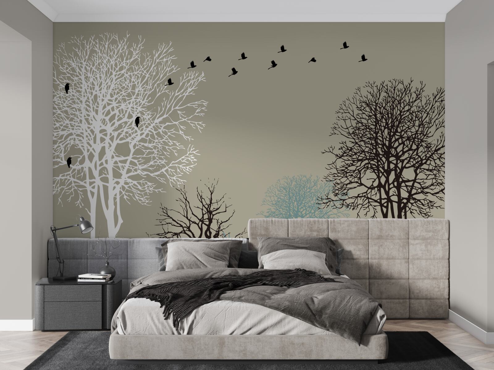 Fotobehang vogels vliegen over de boomtoppen