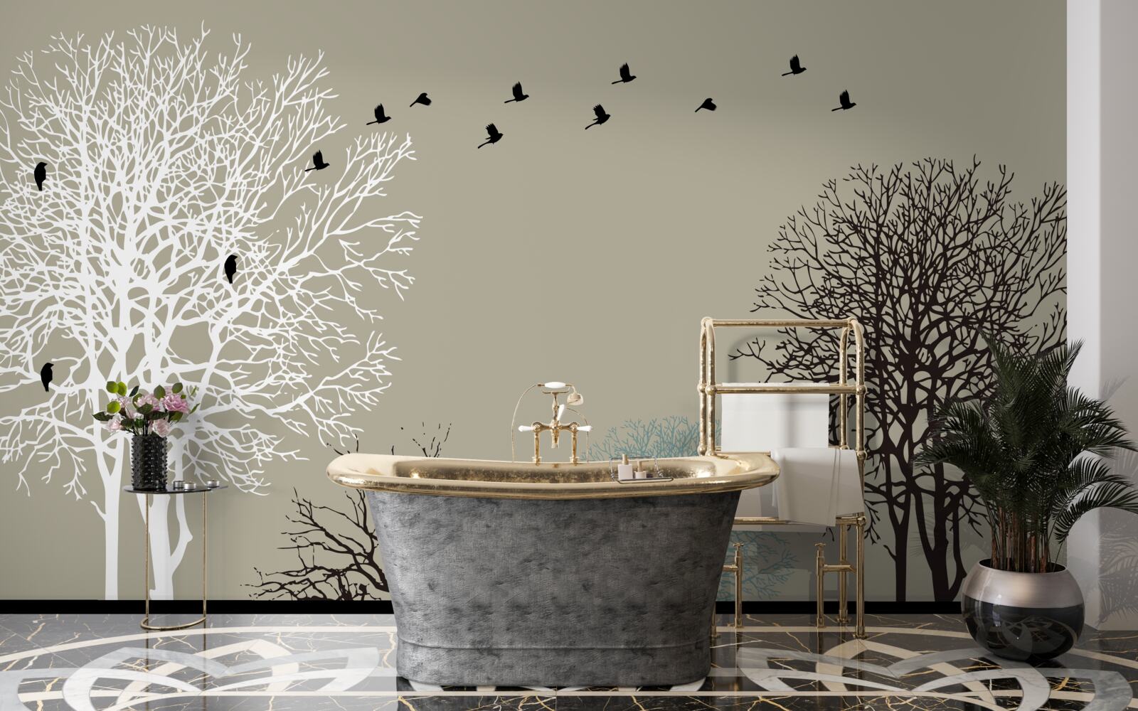 Fotobehang vogels vliegen over de boomtoppen