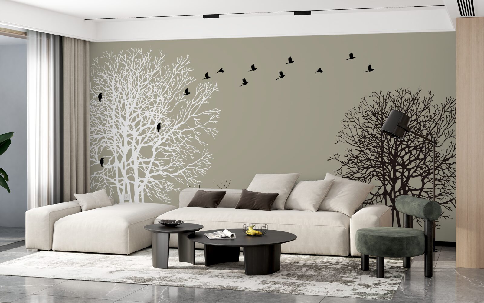 Fotobehang vogels vliegen over de boomtoppen