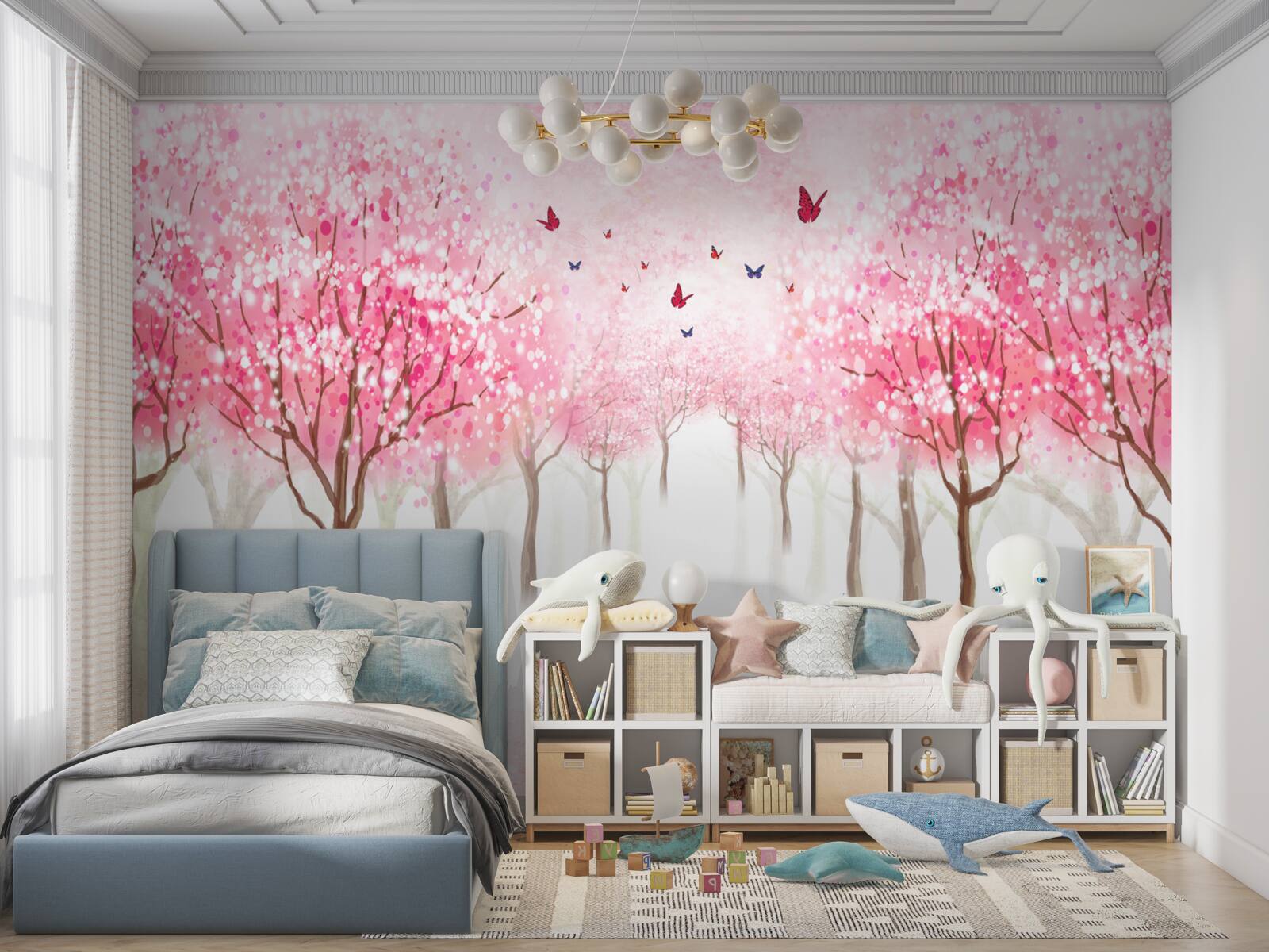 Fotobehang aquarel met sakura steegje