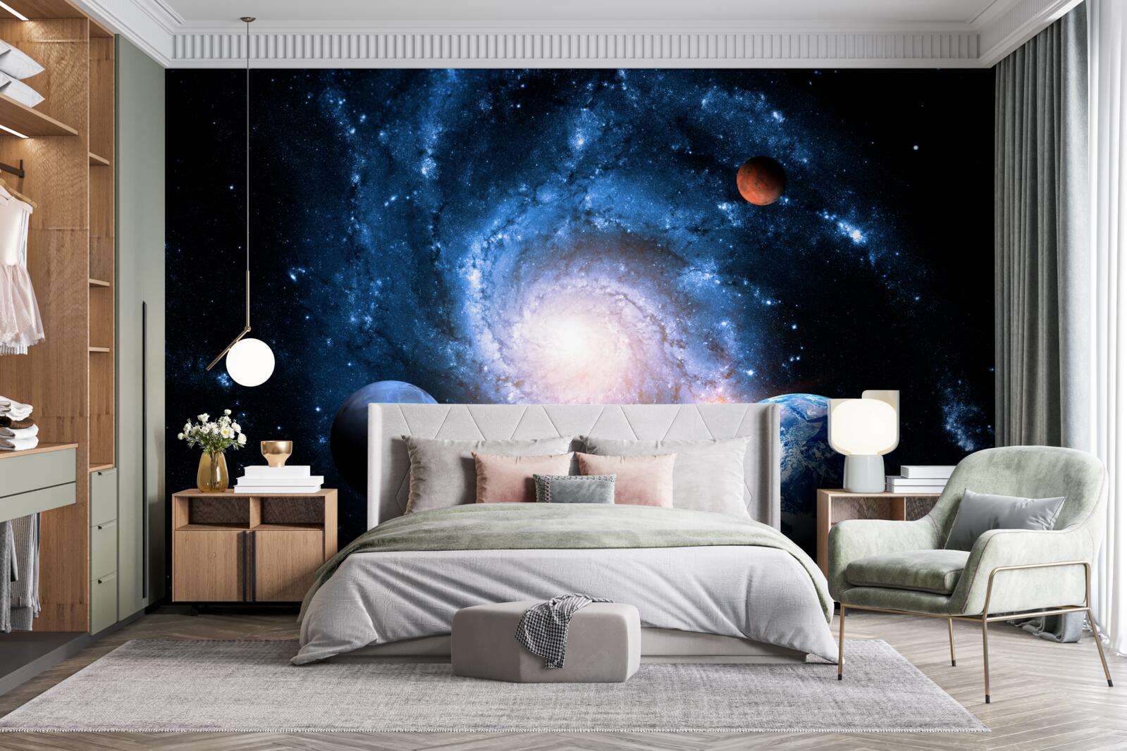 Fotobehang sombere ruimte met hemellichamen