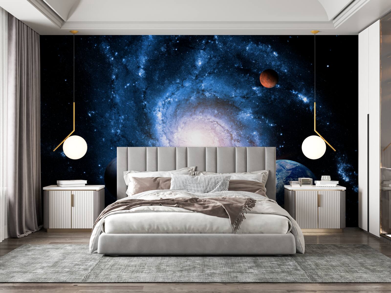 Fotobehang sombere ruimte met hemellichamen