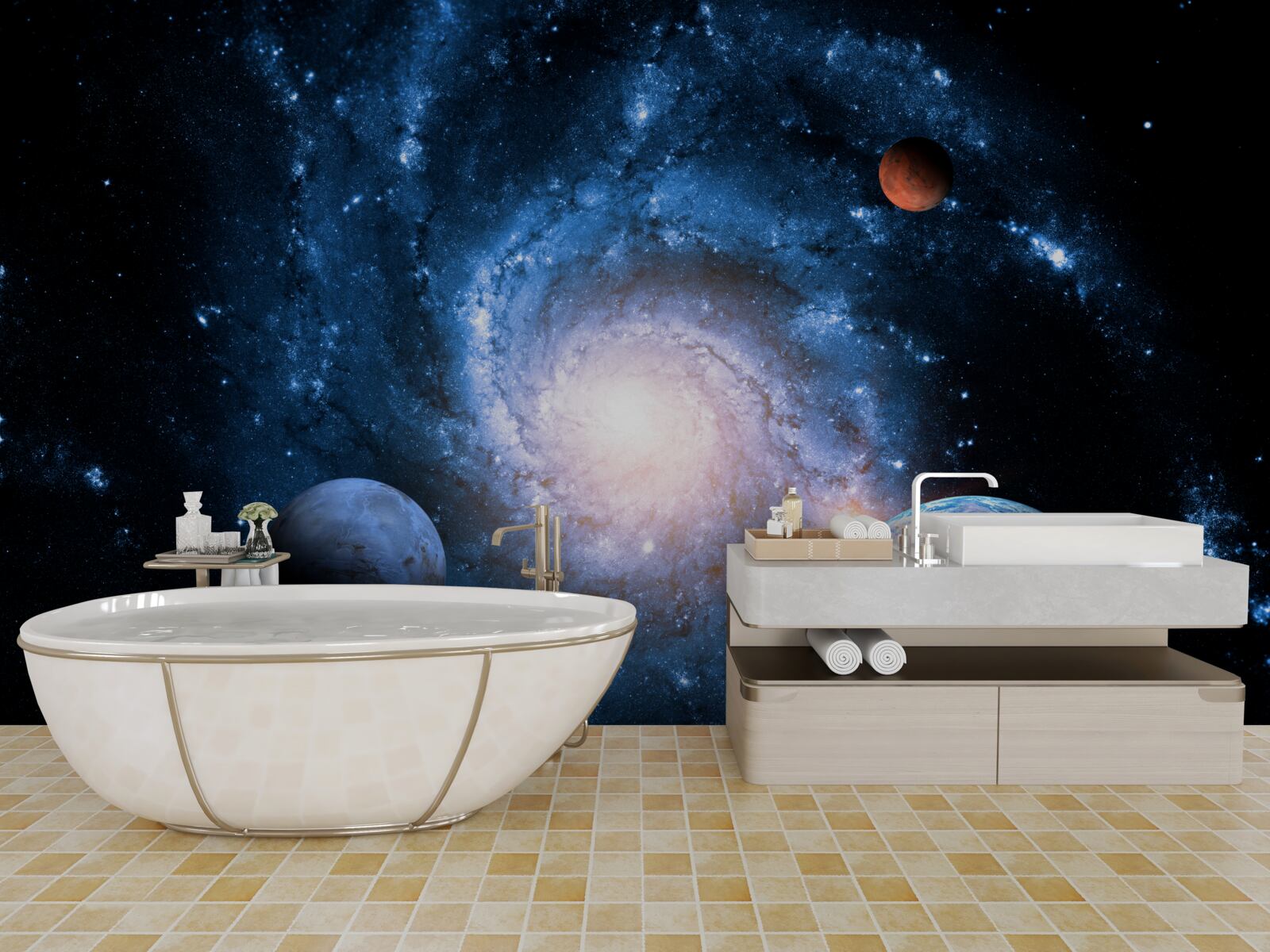 Fotobehang sombere ruimte met hemellichamen