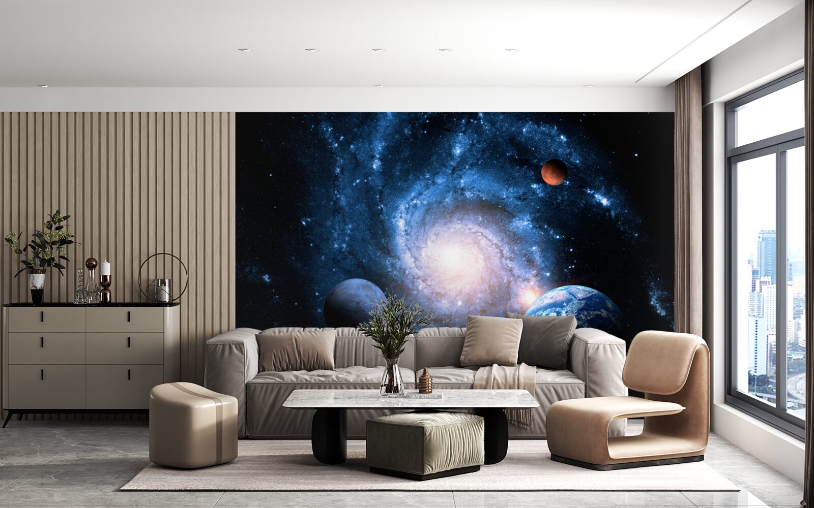Fotobehang sombere ruimte met hemellichamen