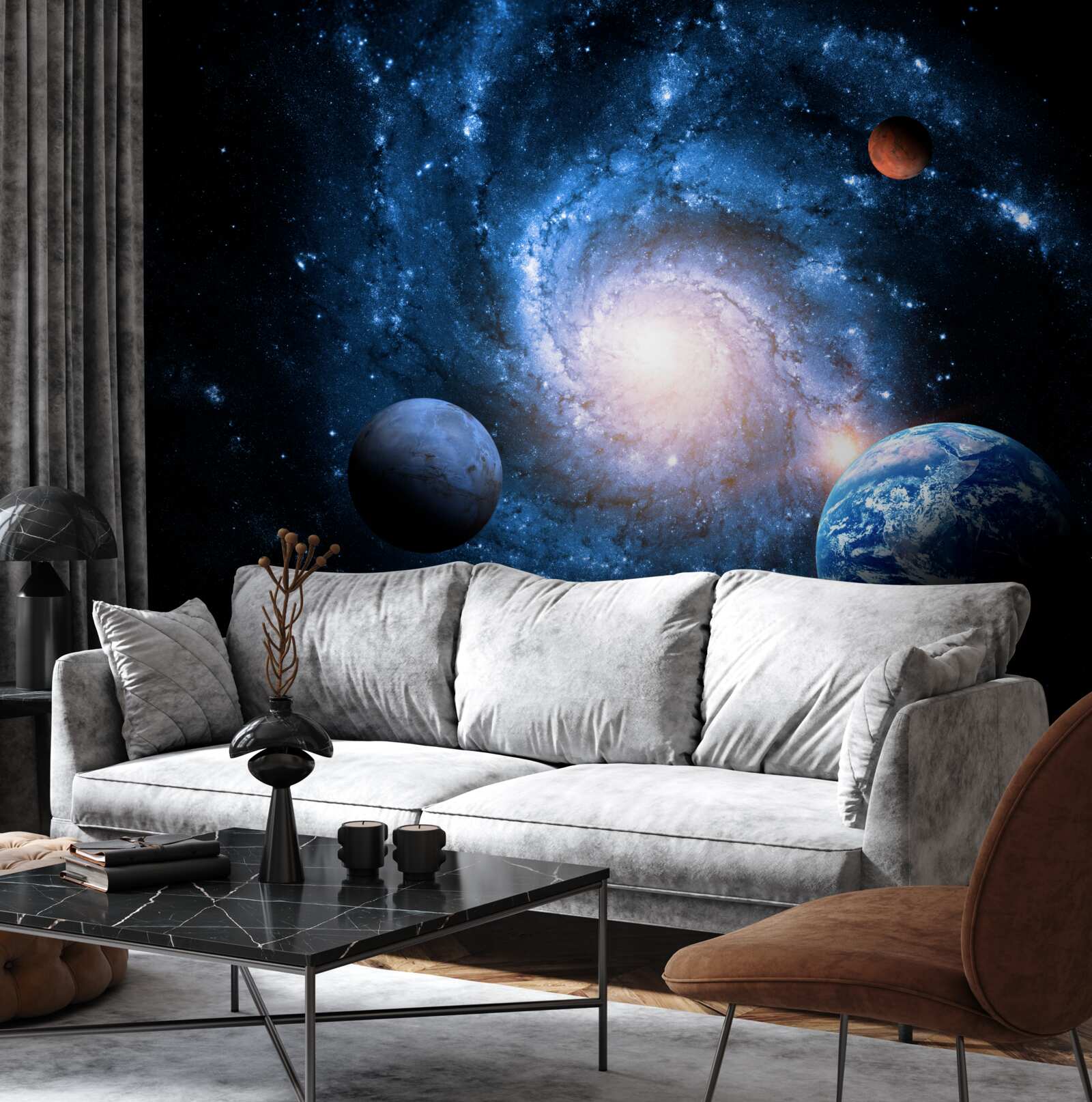 Fotobehang sombere ruimte met hemellichamen