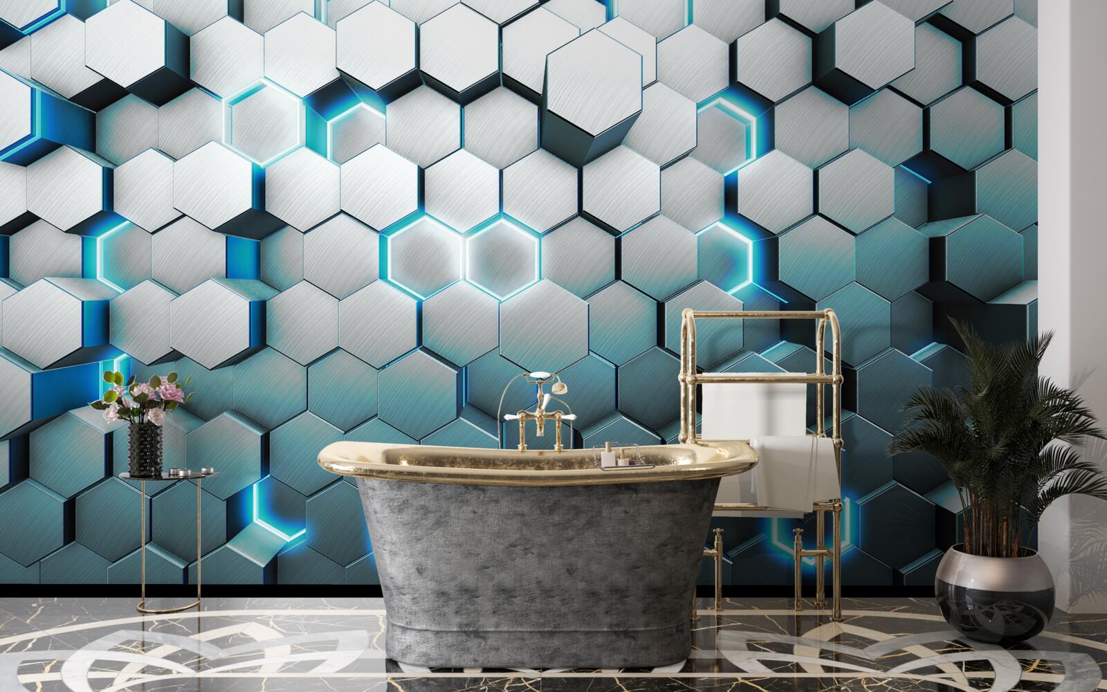 Fotobehang blauwe vijfhoekige vormen