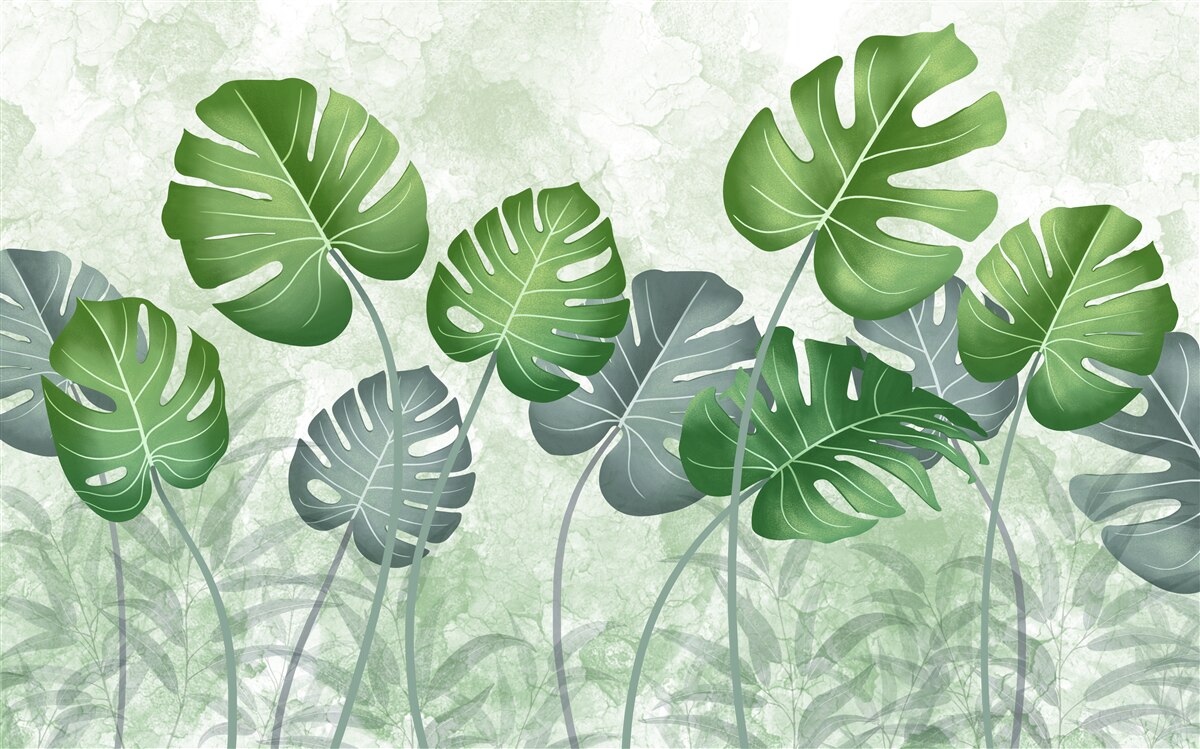 Fotobehang grote monstera en varenbladeren