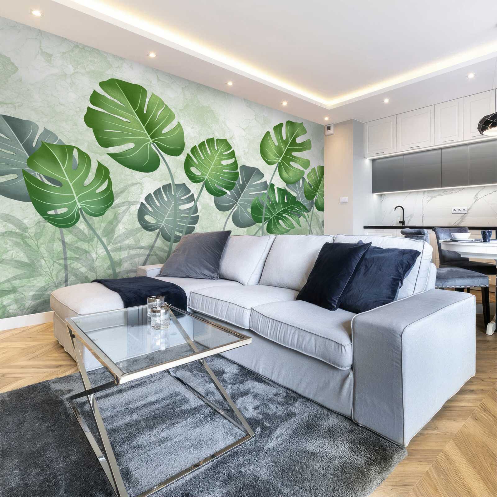 Fotobehang grote monstera en varenbladeren