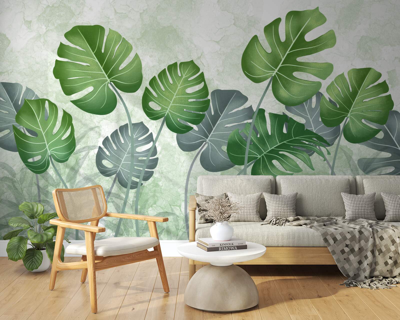 Fotobehang grote monstera en varenbladeren