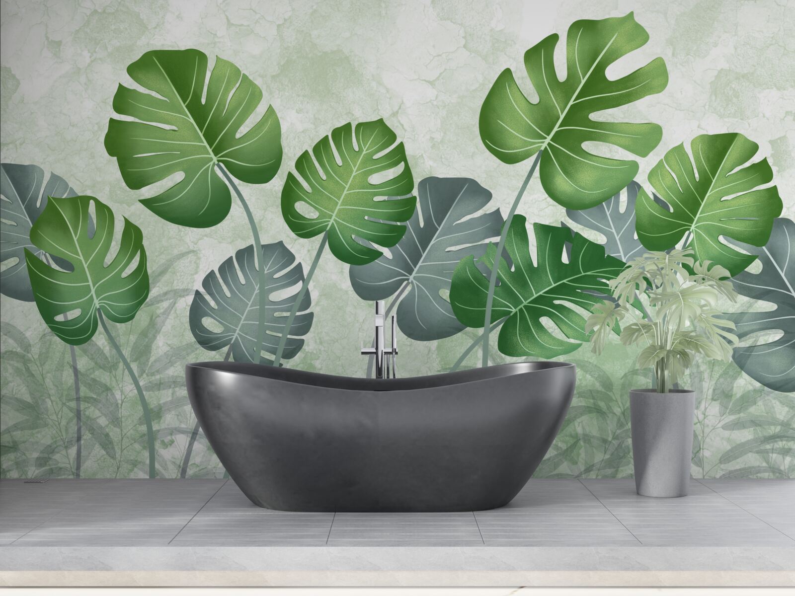 Fotobehang grote monstera en varenbladeren