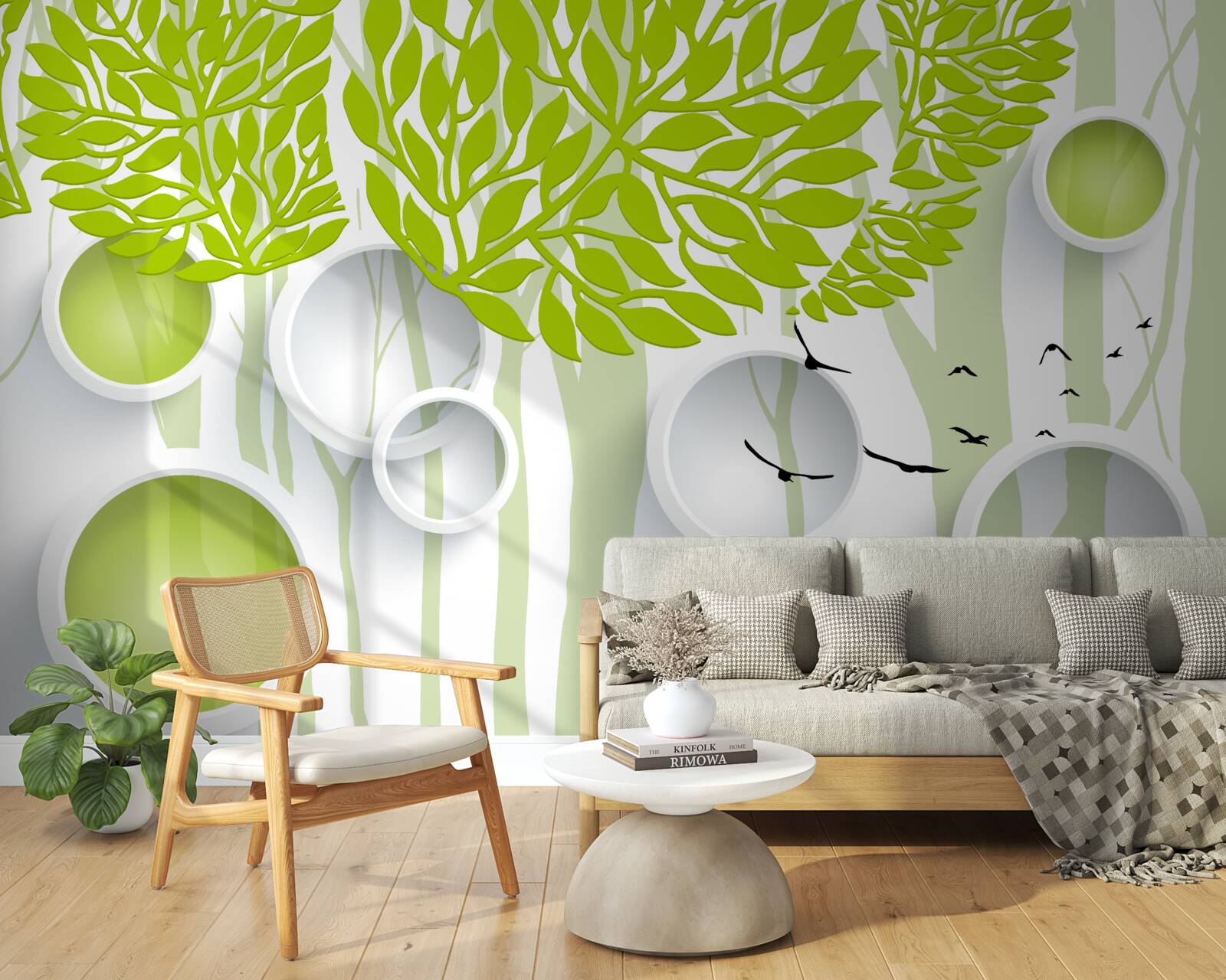 Fotobehang abstract beeld van lentebomen met lichtgroene kleur