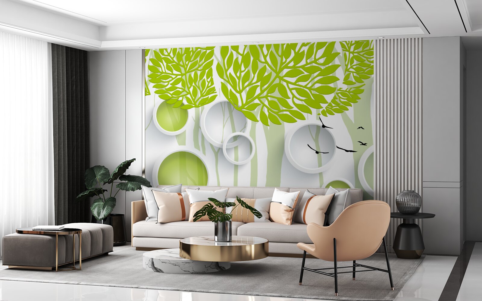 Fotobehang abstract beeld van lentebomen met lichtgroene kleur