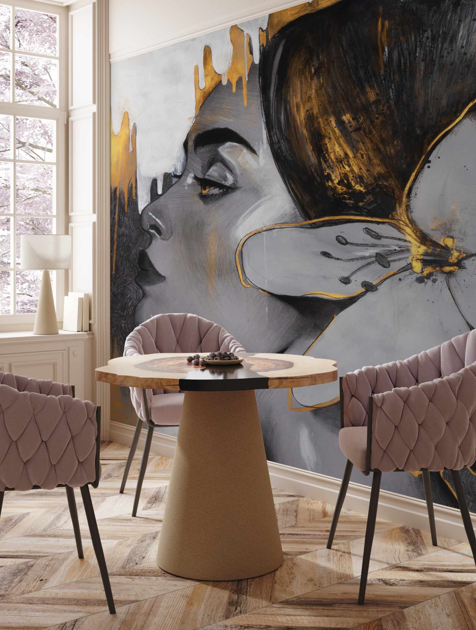 Fotobehang bronzen beeldje van een meisje met een bloem