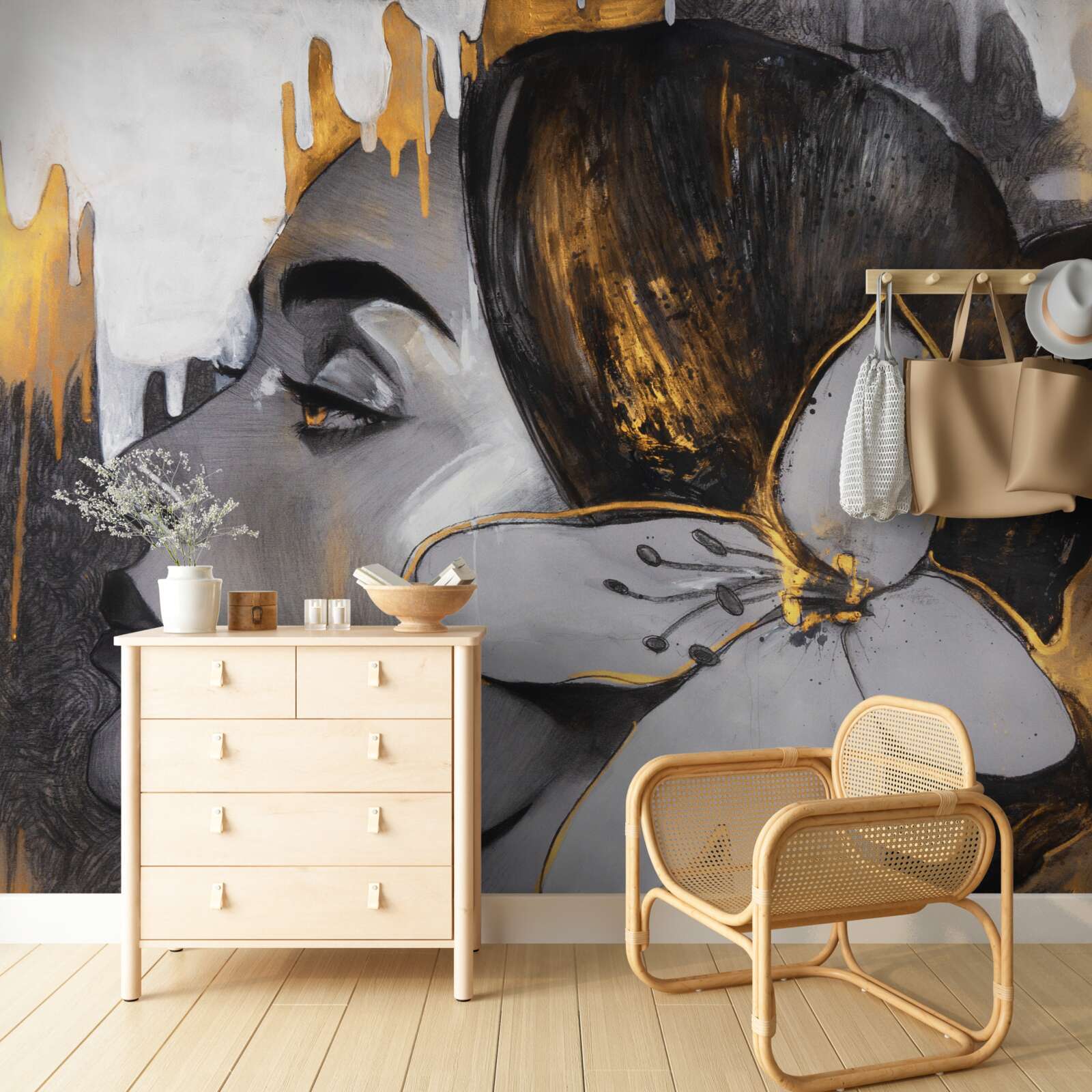 Fotobehang bronzen beeldje van een meisje met een bloem