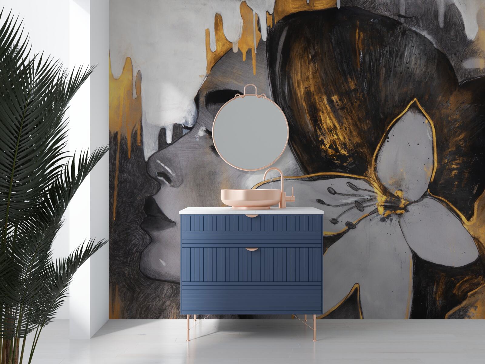 Fotobehang bronzen beeldje van een meisje met een bloem