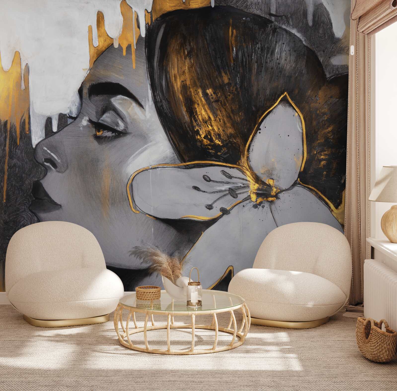 Fotobehang bronzen beeldje van een meisje met een bloem