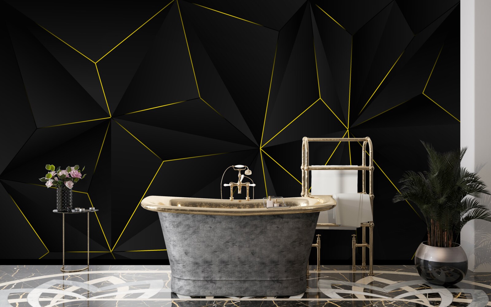 Fotobehang donkere achtergrond met gouden randen van de vormen