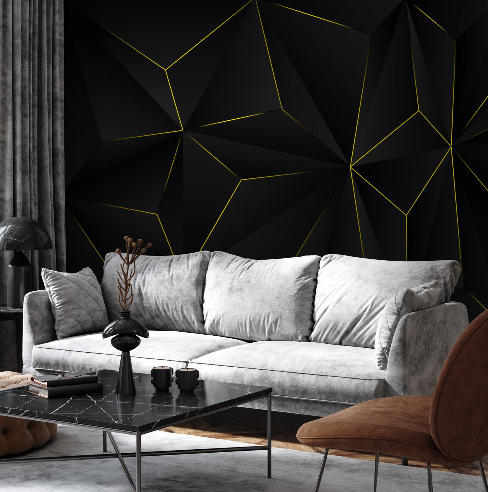 Fotobehang donkere achtergrond met gouden randen van de vormen