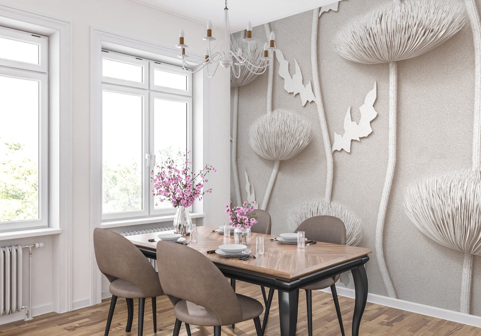 Fotobehang slanke, witte bloemen met een pluizige textuur