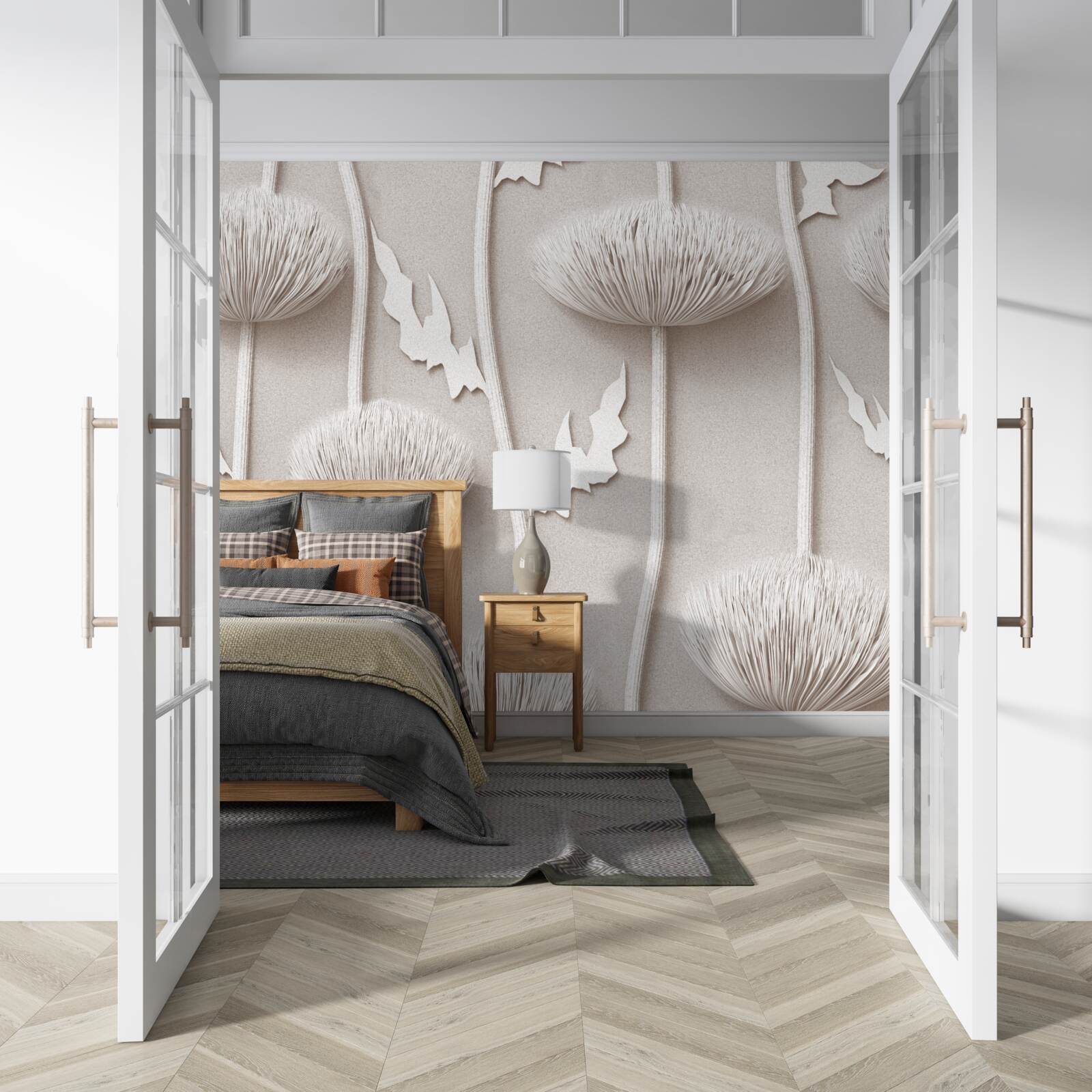 Fotobehang slanke, witte bloemen met een pluizige textuur