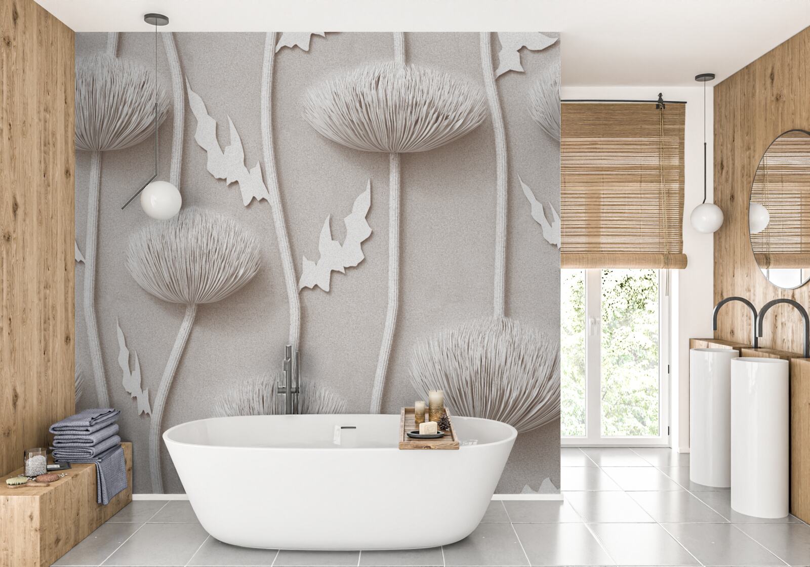 Fotobehang slanke, witte bloemen met een pluizige textuur