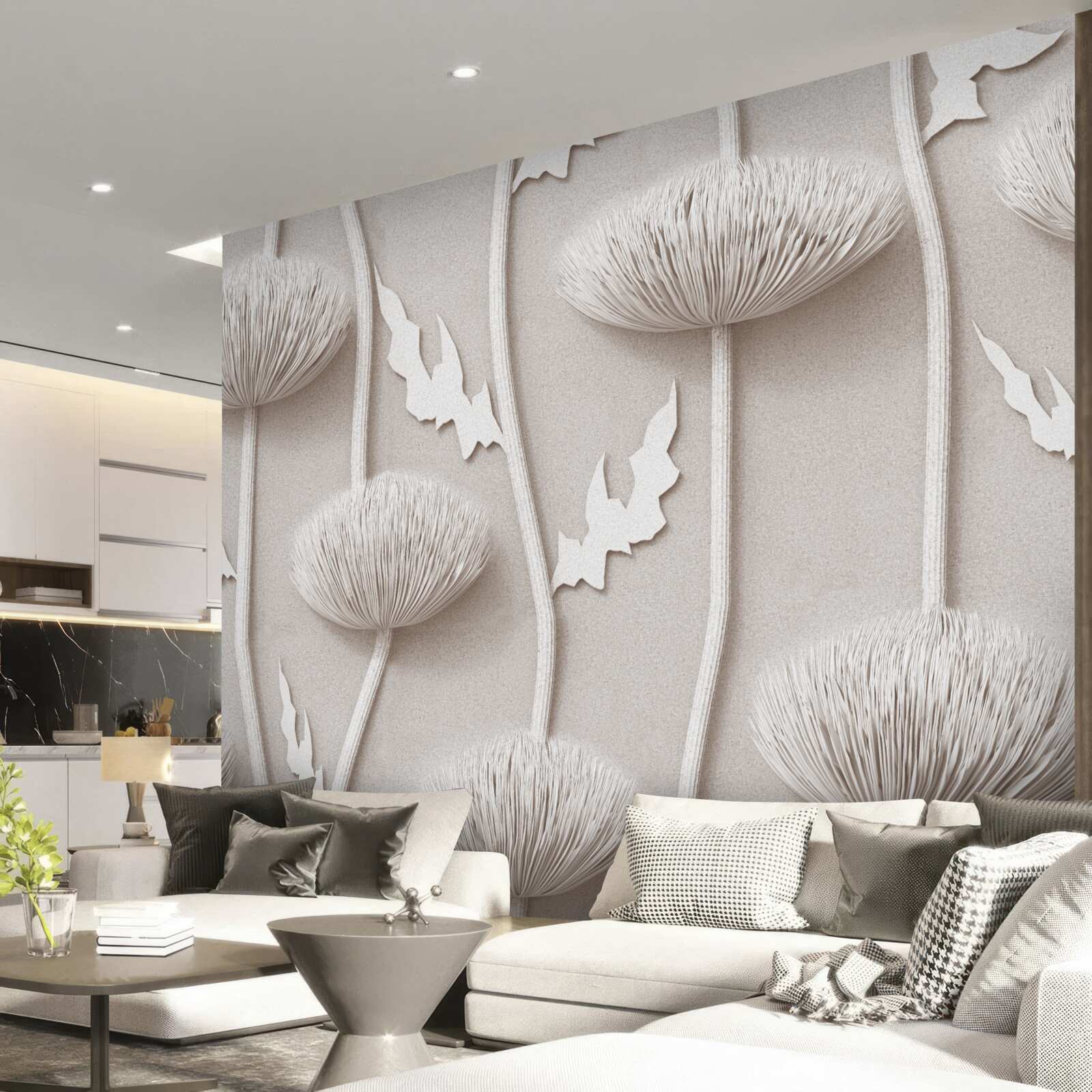 Fotobehang slanke, witte bloemen met een pluizige textuur