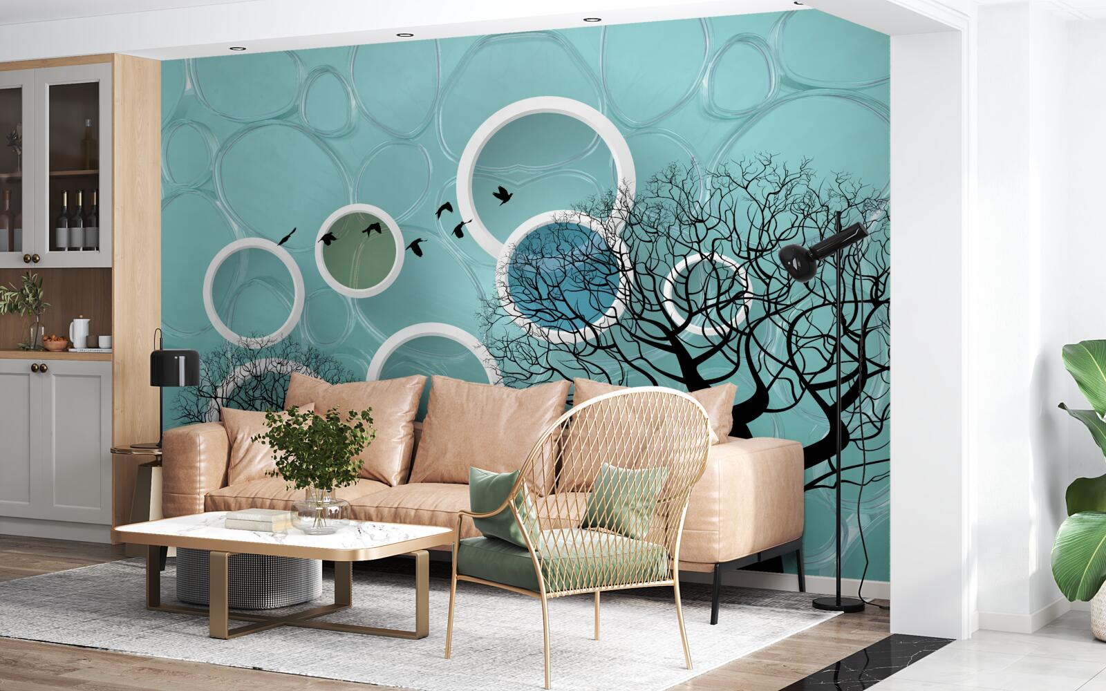 Fotobehang turquoise cirkels en bomen