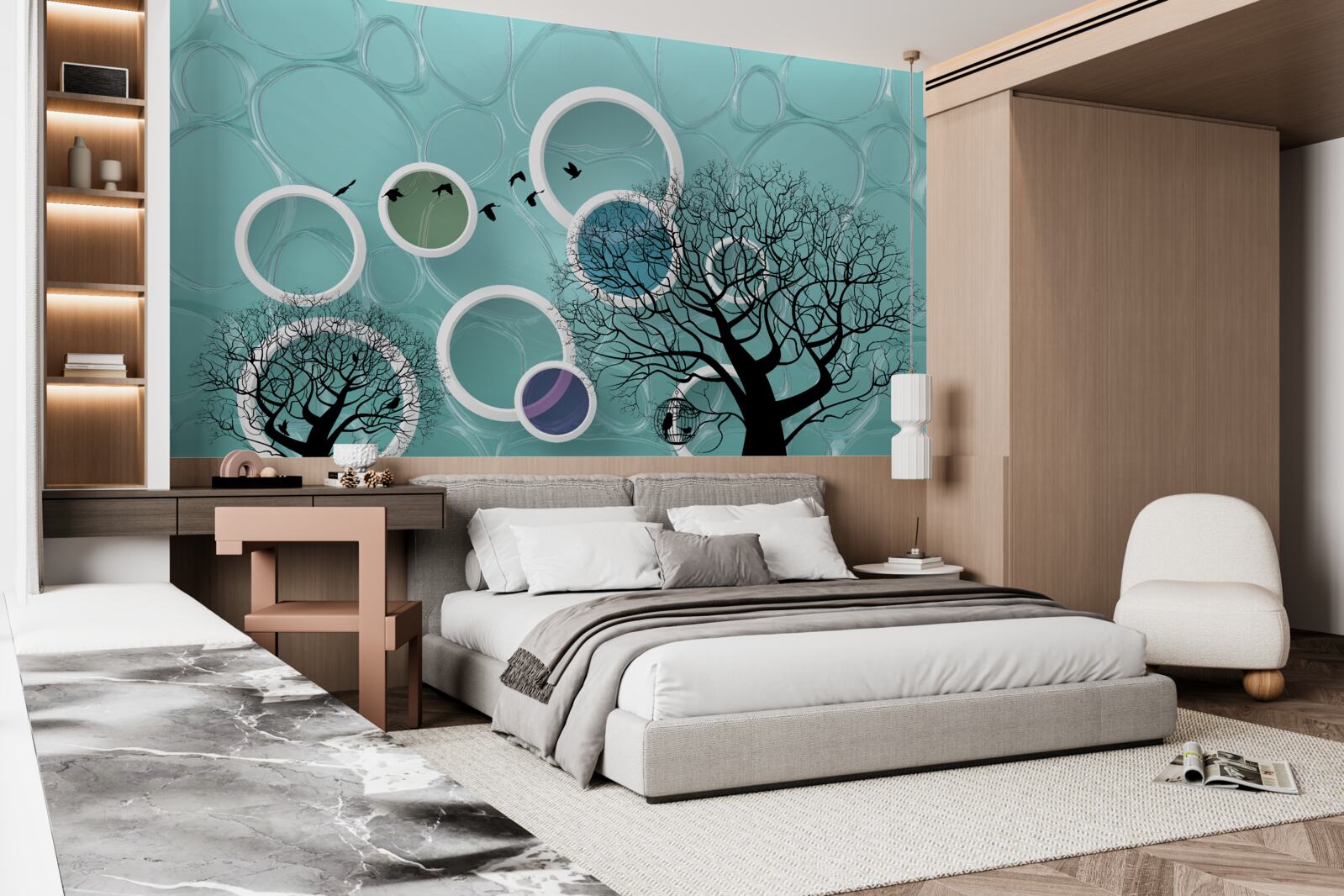 Fotobehang turquoise cirkels en bomen