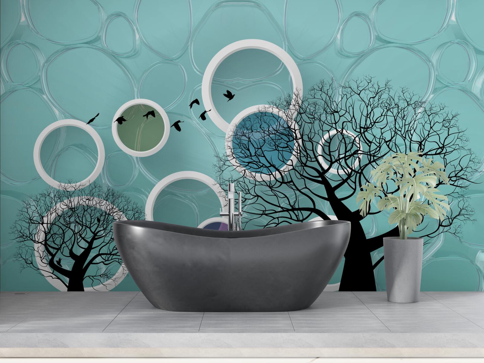 Fotobehang turquoise cirkels en bomen
