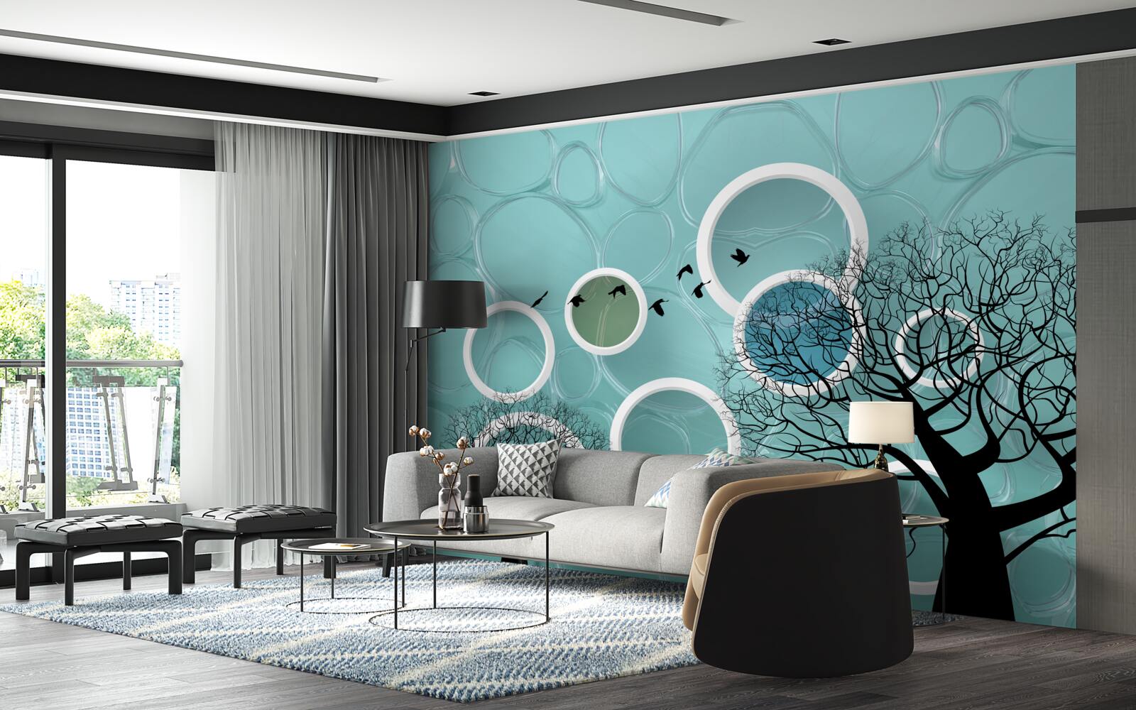 Fotobehang turquoise cirkels en bomen