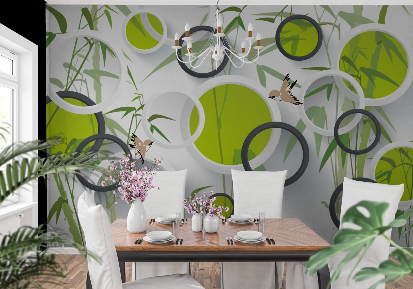 Fotobehang cirkels op planten en vogels