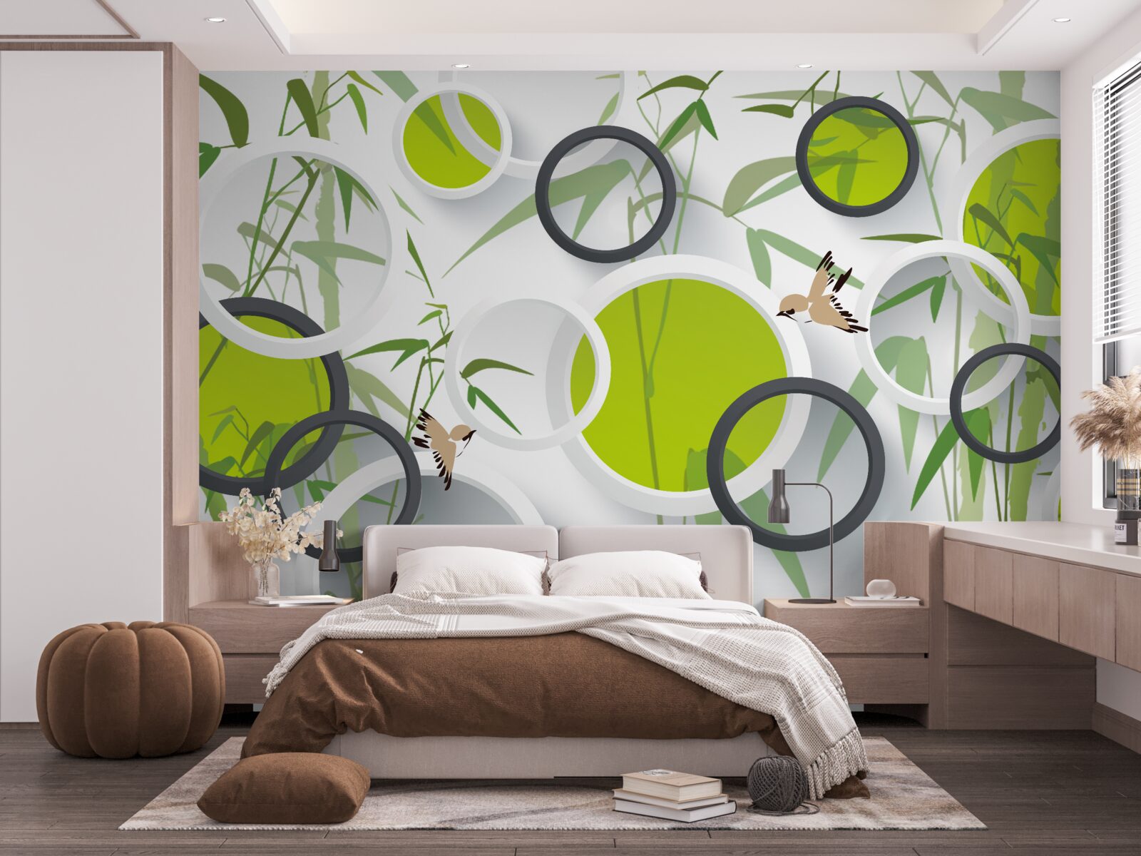 Fotobehang cirkels op planten en vogels