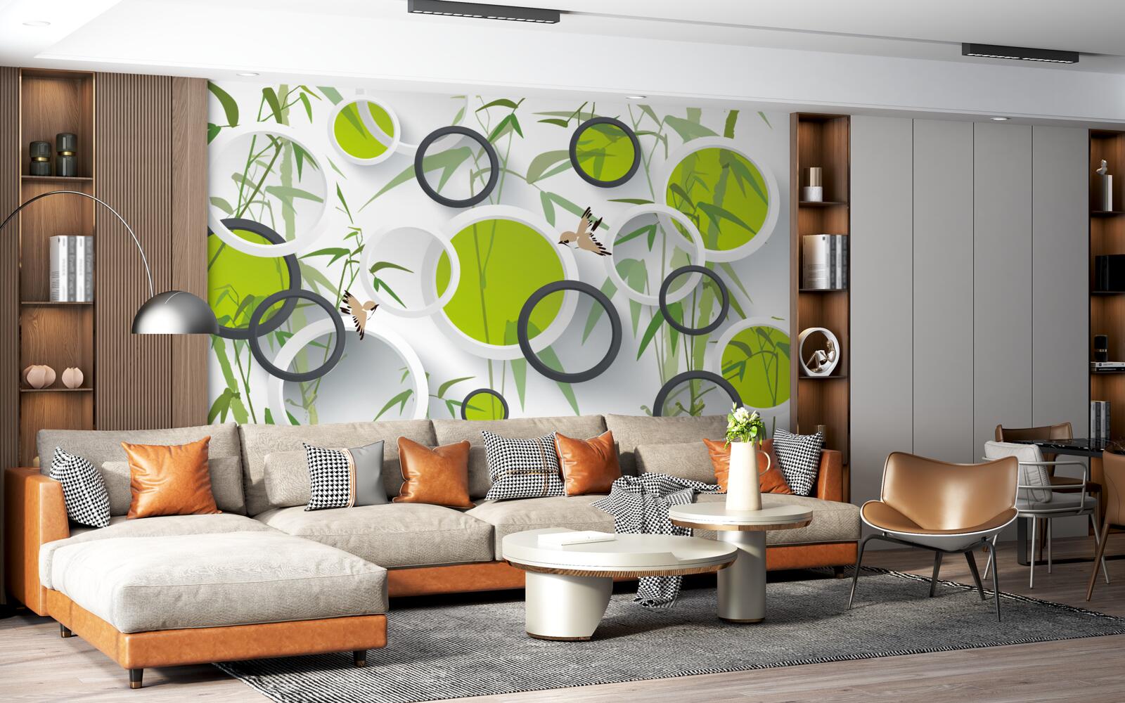 Fotobehang cirkels op planten en vogels