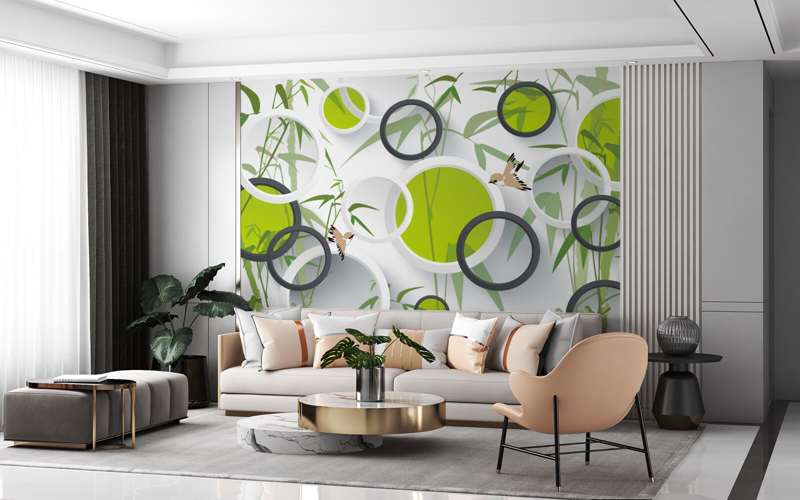 Fotobehang cirkels op planten en vogels