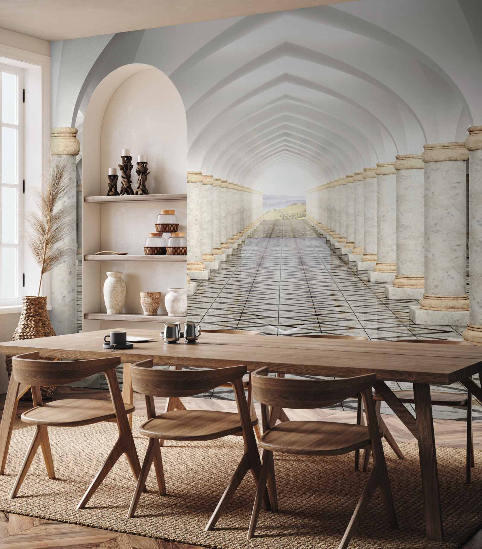 Fotobehang een eindeloze tunnel bezaaid met zuilen