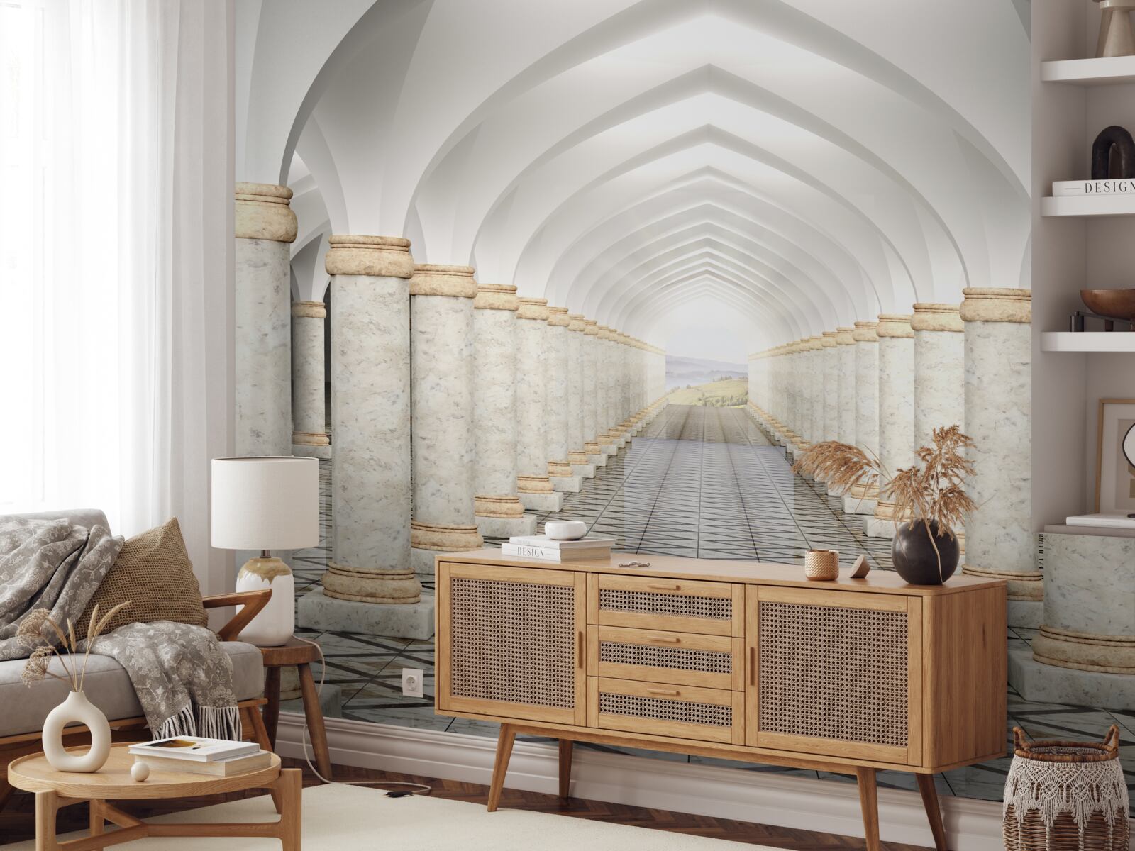 Fotobehang een eindeloze tunnel bezaaid met zuilen