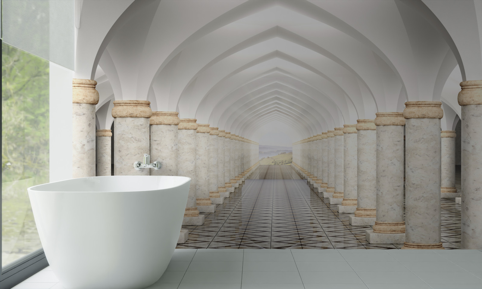 Fotobehang een eindeloze tunnel bezaaid met zuilen