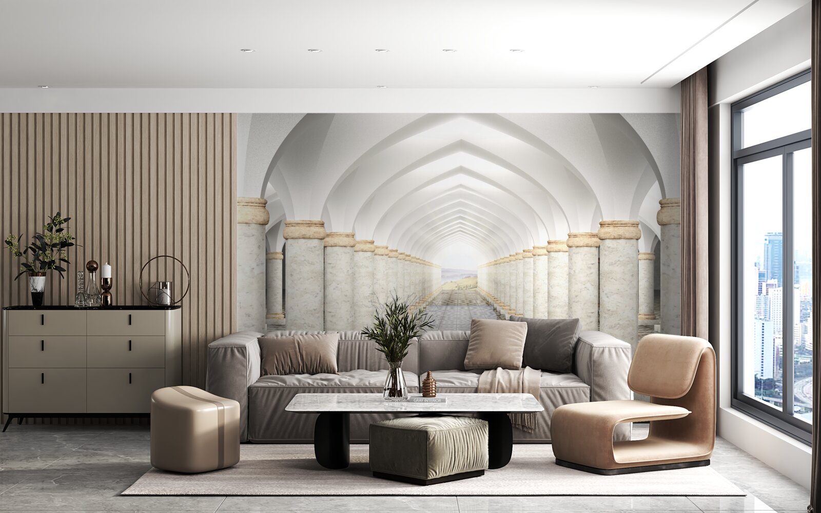 Fotobehang een eindeloze tunnel bezaaid met zuilen