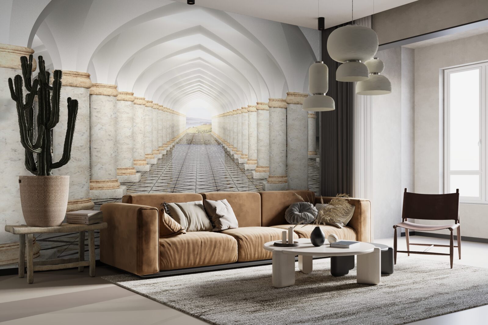 Fotobehang een eindeloze tunnel bezaaid met zuilen