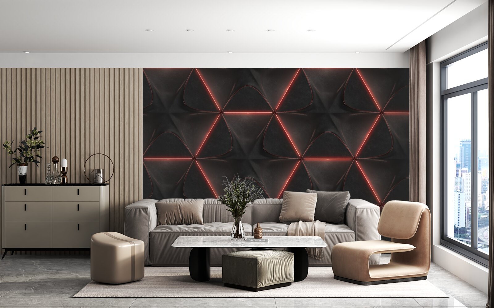 Fotobehang vijfhoeken met rode zijden van gelijke lengte