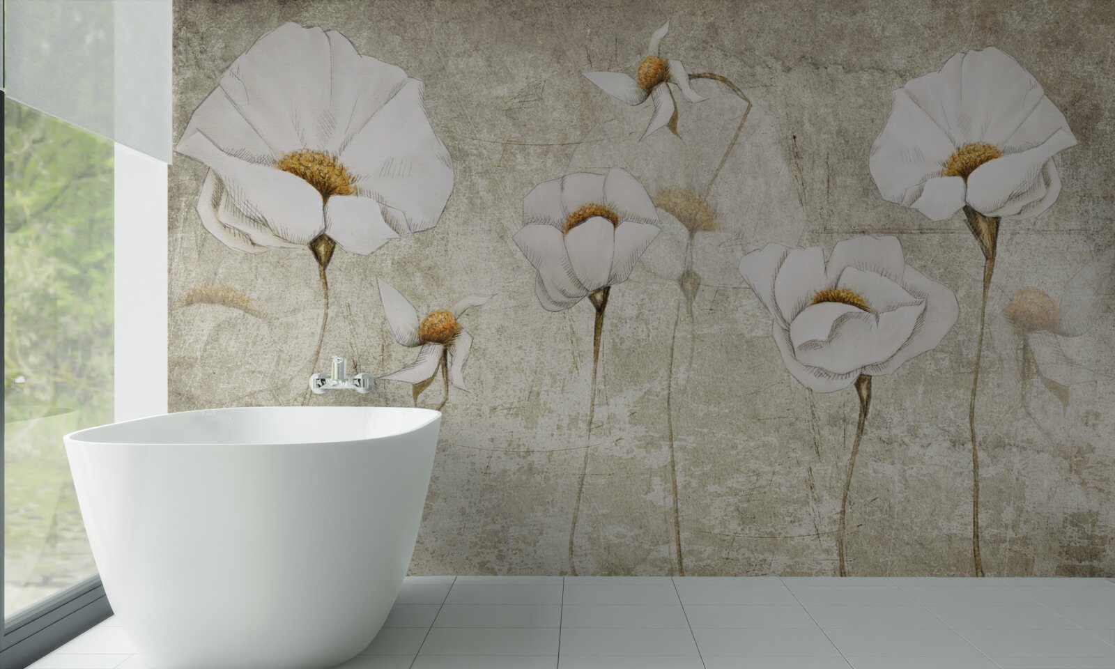 Fotobehang slanke witte klaprozen