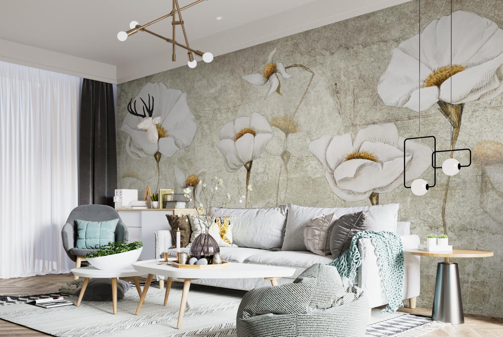 Fotobehang slanke witte klaprozen