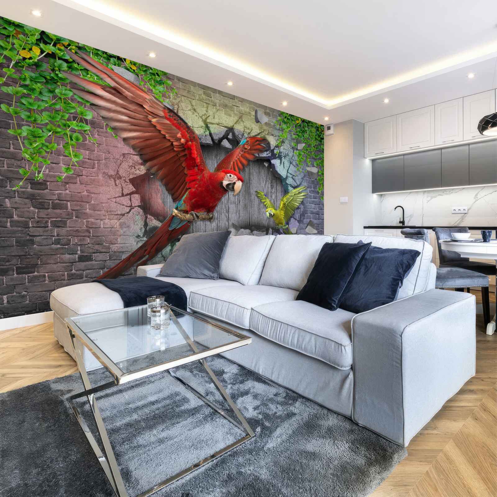 Fotobehang papegaaien gaan door de muur