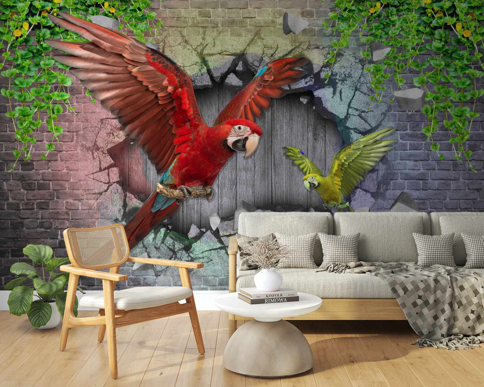 Fotobehang papegaaien gaan door de muur