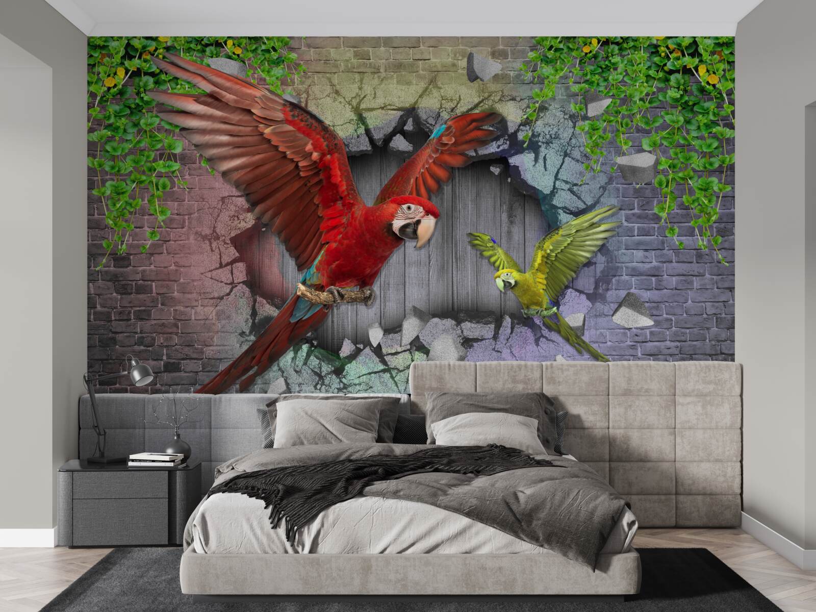 Fotobehang papegaaien gaan door de muur