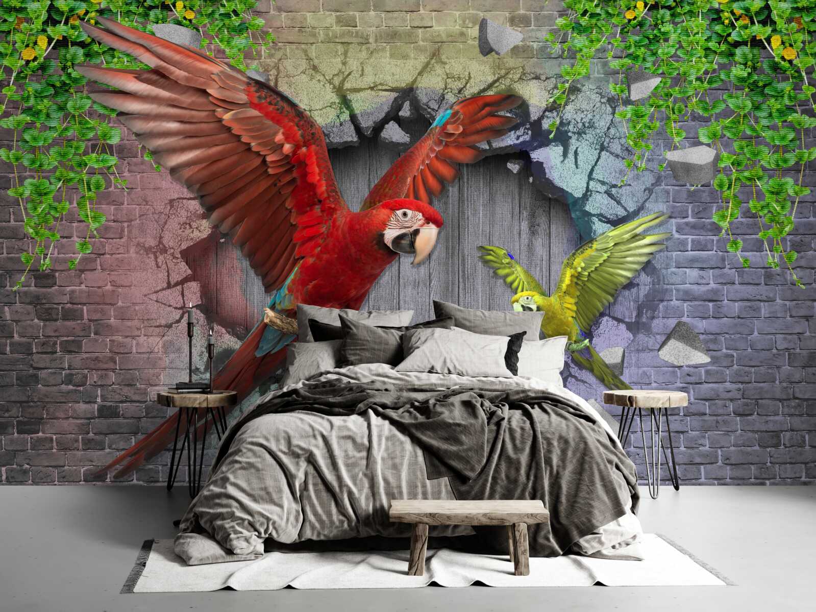 Fotobehang papegaaien gaan door de muur