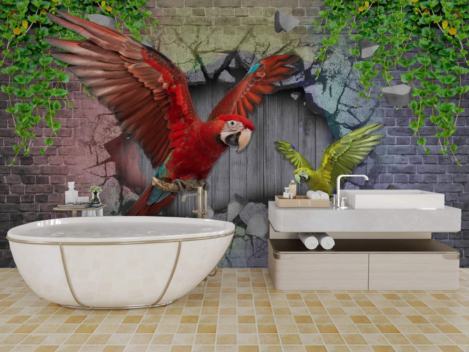 Fotobehang papegaaien gaan door de muur