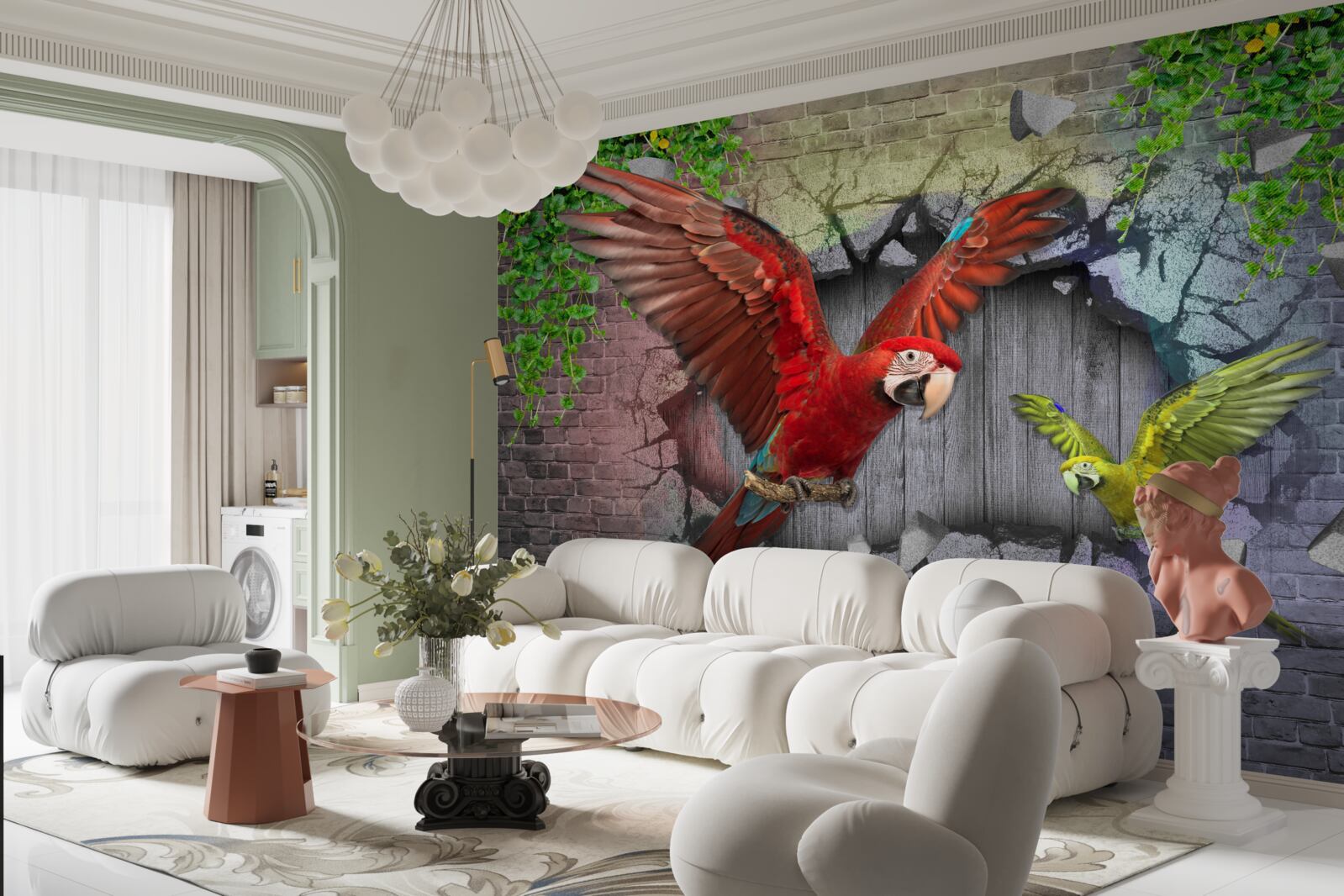 Fotobehang papegaaien gaan door de muur
