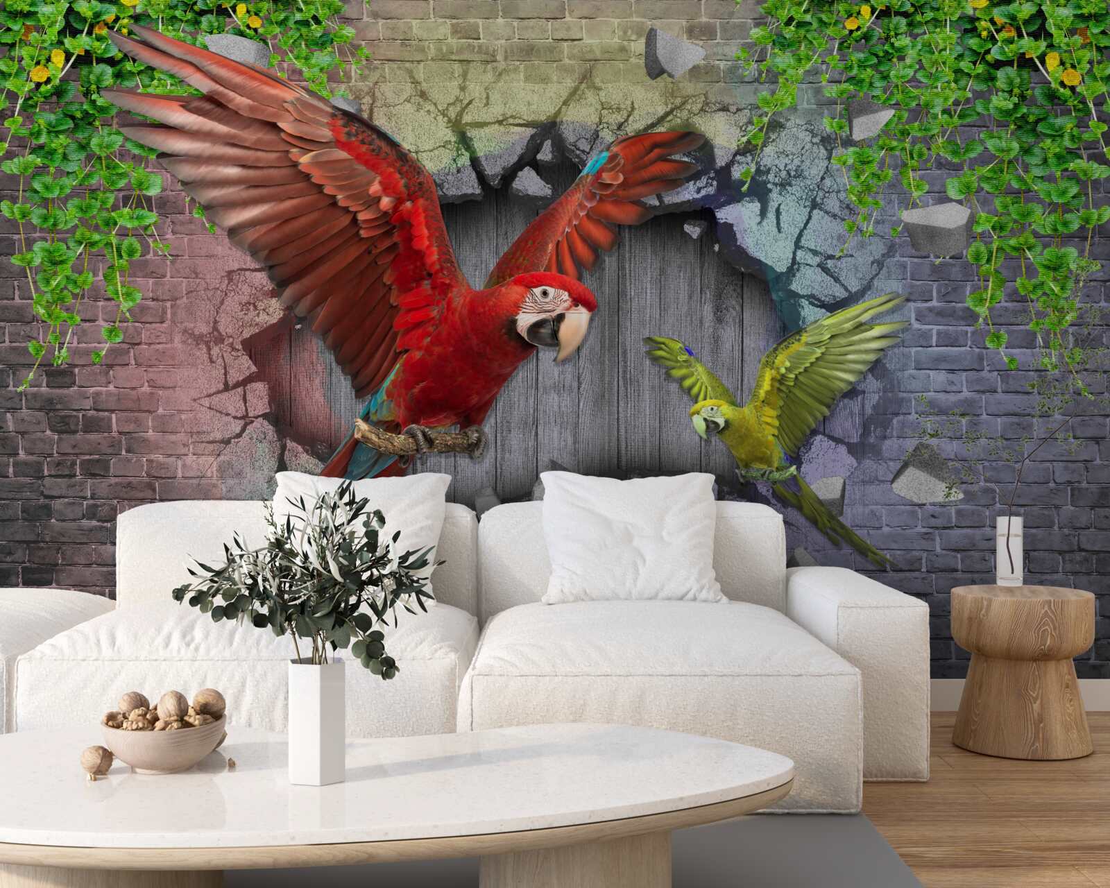 Fotobehang papegaaien gaan door de muur