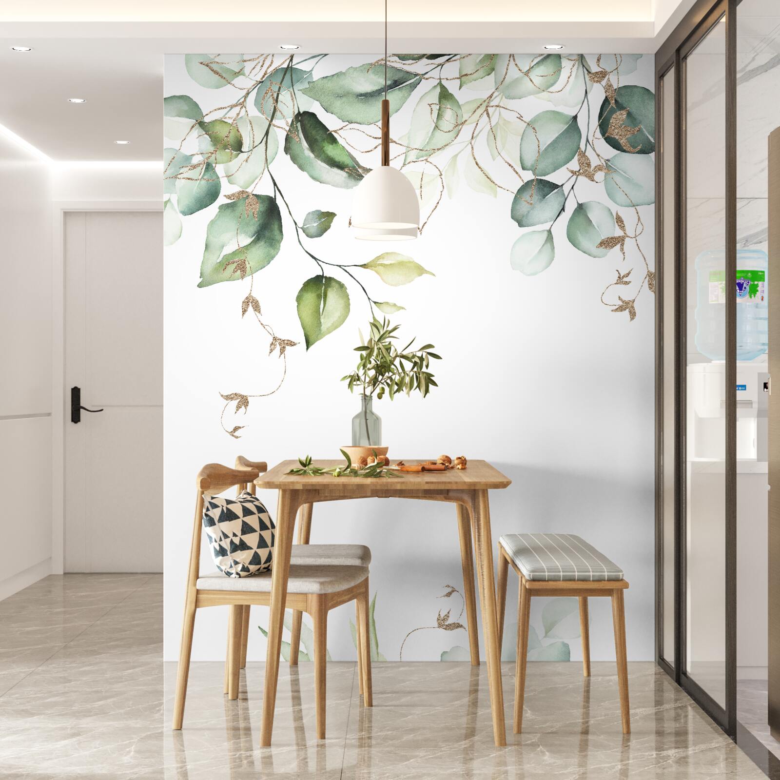 Fotobehang Aquarel met groene bladeren op een witte achtergrond